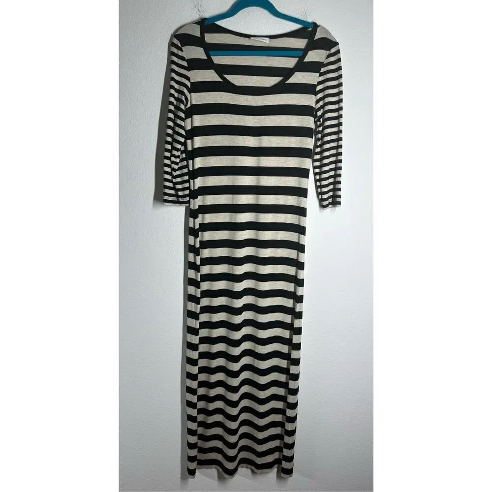 Calvin Klein Women's Size 6 Long Black Tan Striped Maxi Dress Stretchy See Notes